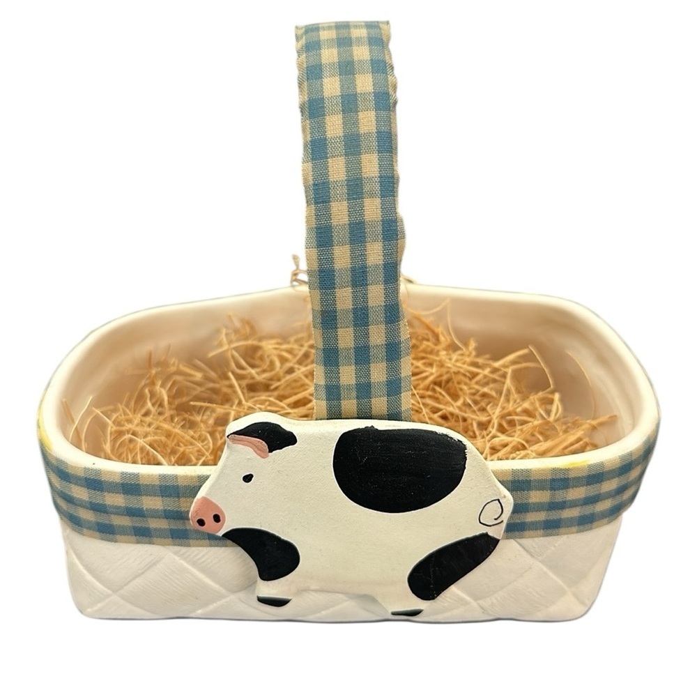 Vtg Country Baskets/Kiss Ceramic Prod Pig Cow Ceramic Basket Plaid Wood Trim